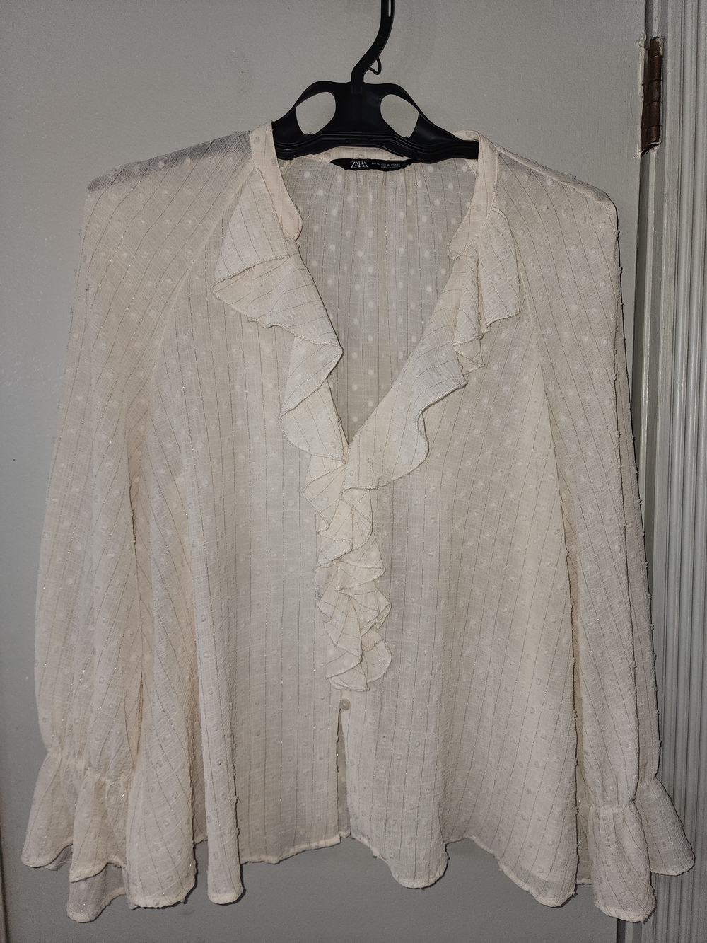 Zara Ivory Ruffle Front Sheer Blouse - Picture 2 of 12